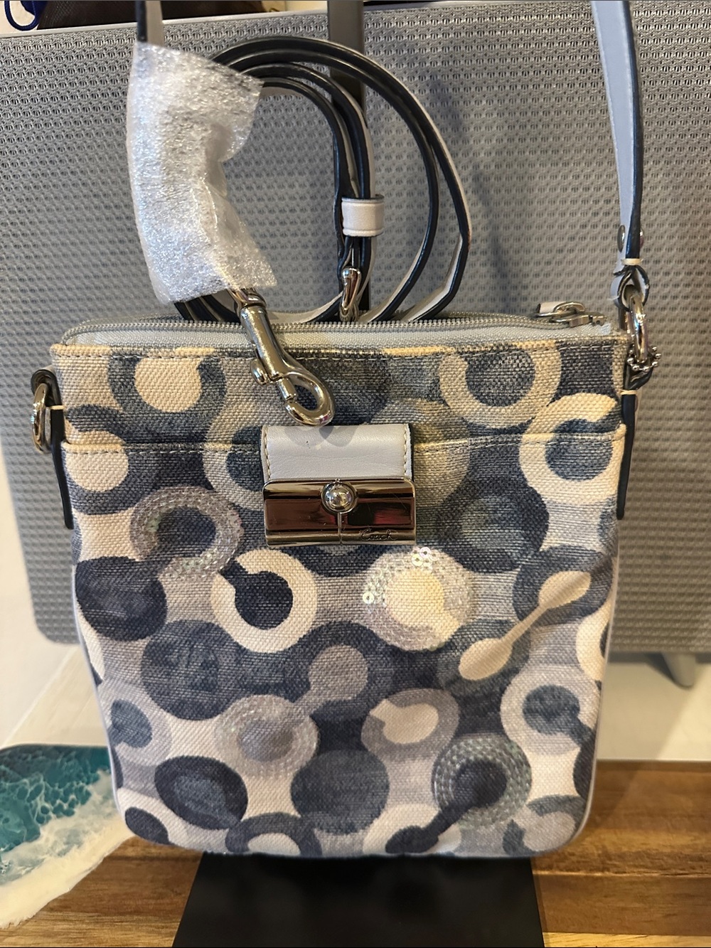 Coach Blue and White Circular Print Crossbody